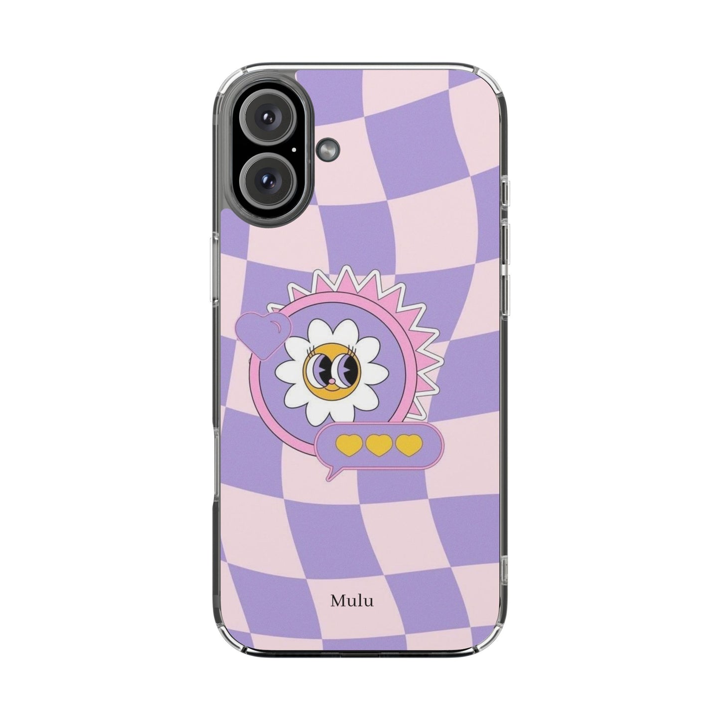 Clear Impact-Resistant Case — Cute Purple Checkerboard Dino with 'Mulu'