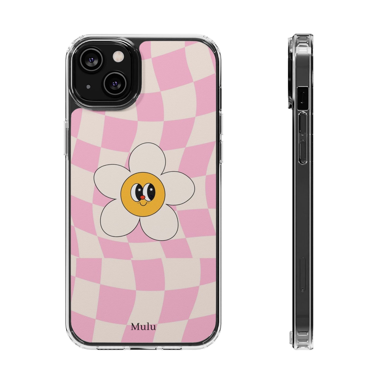 Clear Impact-Resistant Phone Case — Pink Checkerboard Daisy Design