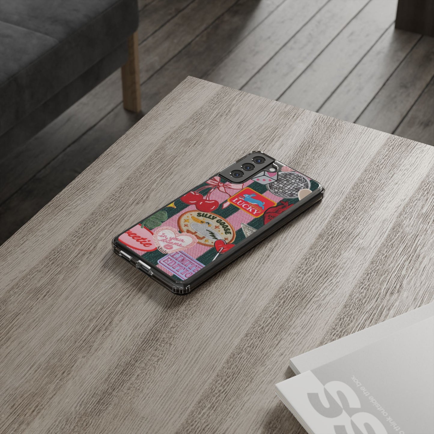 Clear Impact-Resistant Phone Case — Retro Patchwork Stickers (Lucky, Cherries, Silly Goose)