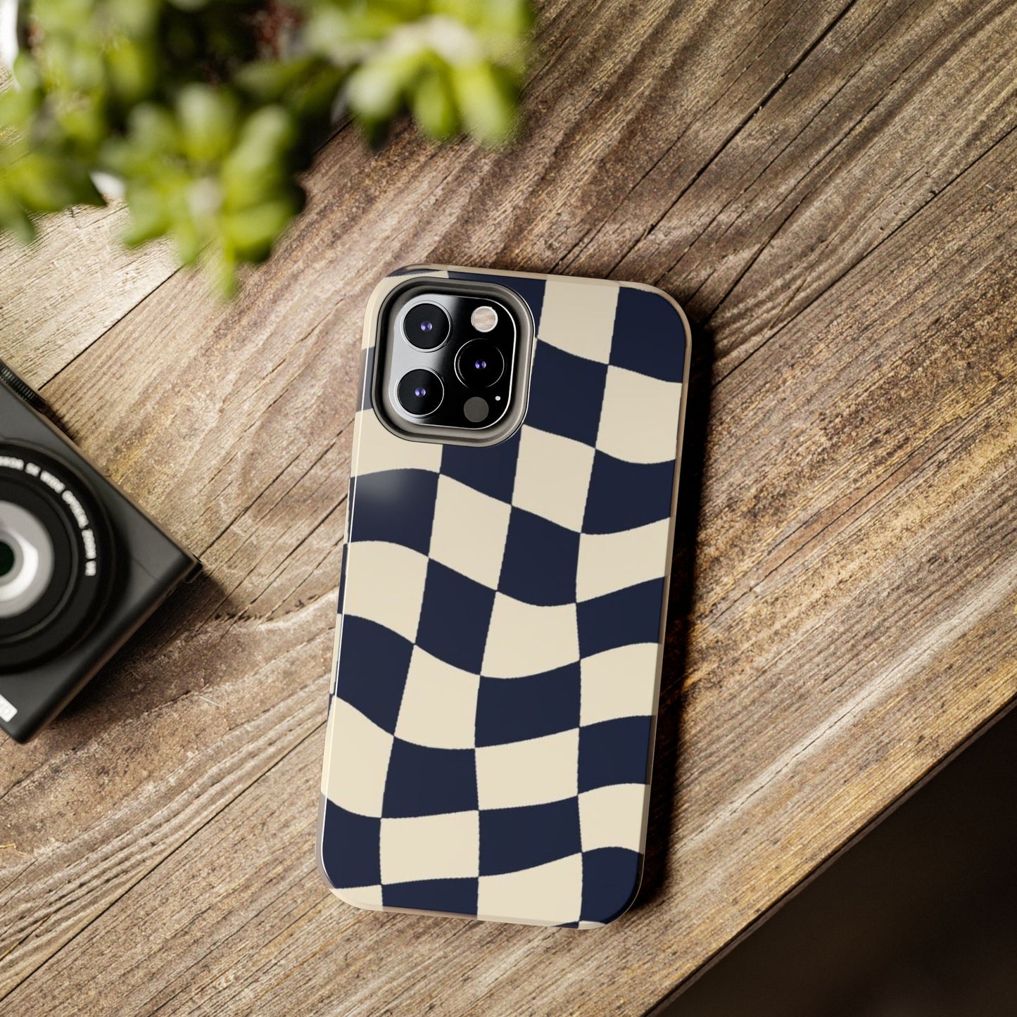 Wavy Checkerboard Tough Phone Case — Navy & Cream Protective Cover