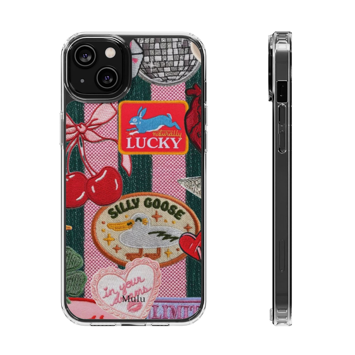 Clear Impact-Resistant Phone Case — Retro Patchwork Stickers (Lucky, Cherries, Silly Goose)