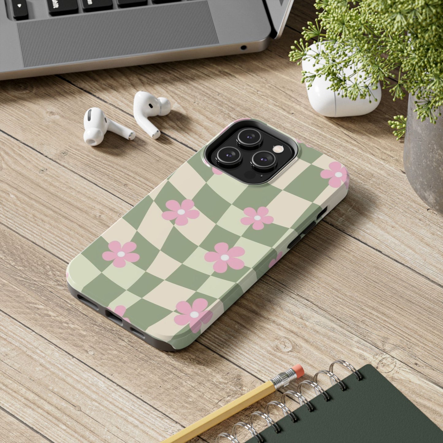 Tough Phone Case — Retro Green Checkerboard with Pink Flowers