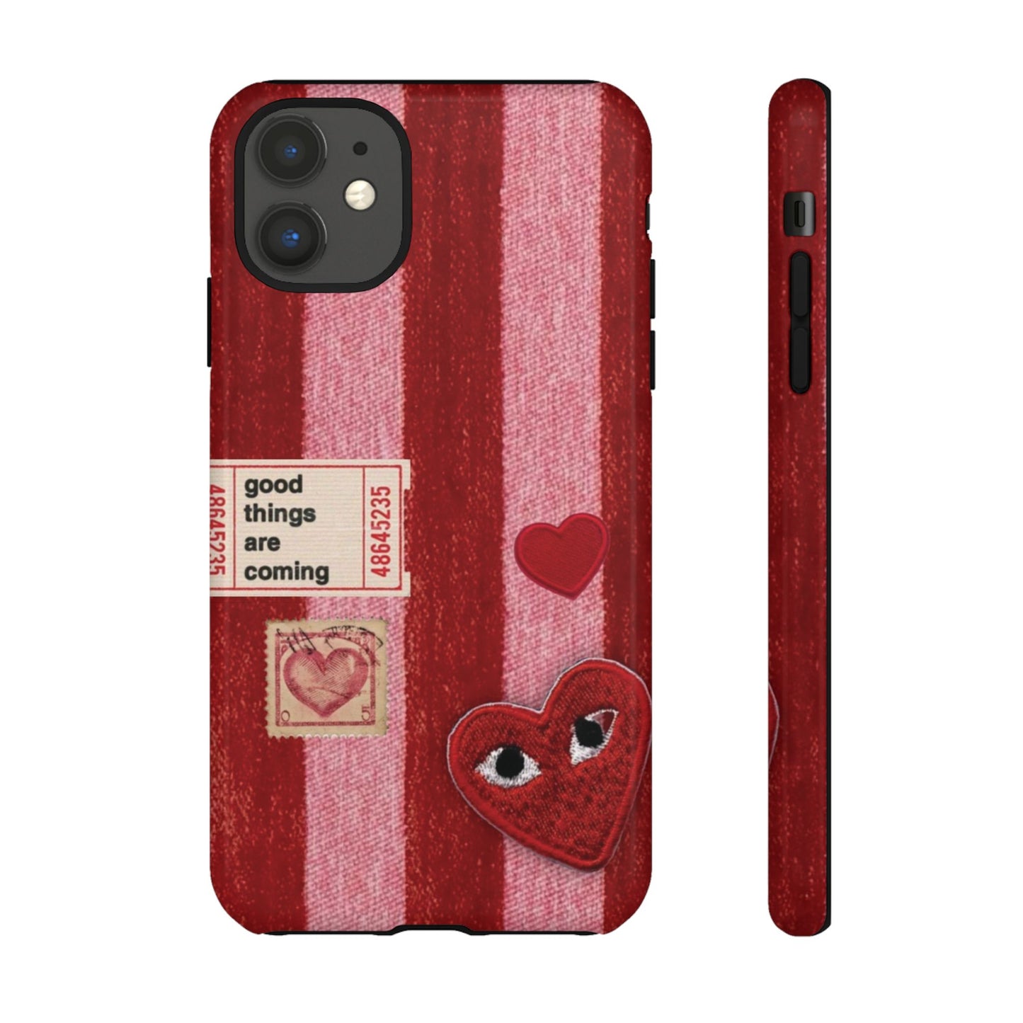 Phone Case — Red Striped Heart Design with “Good Things Are Coming”