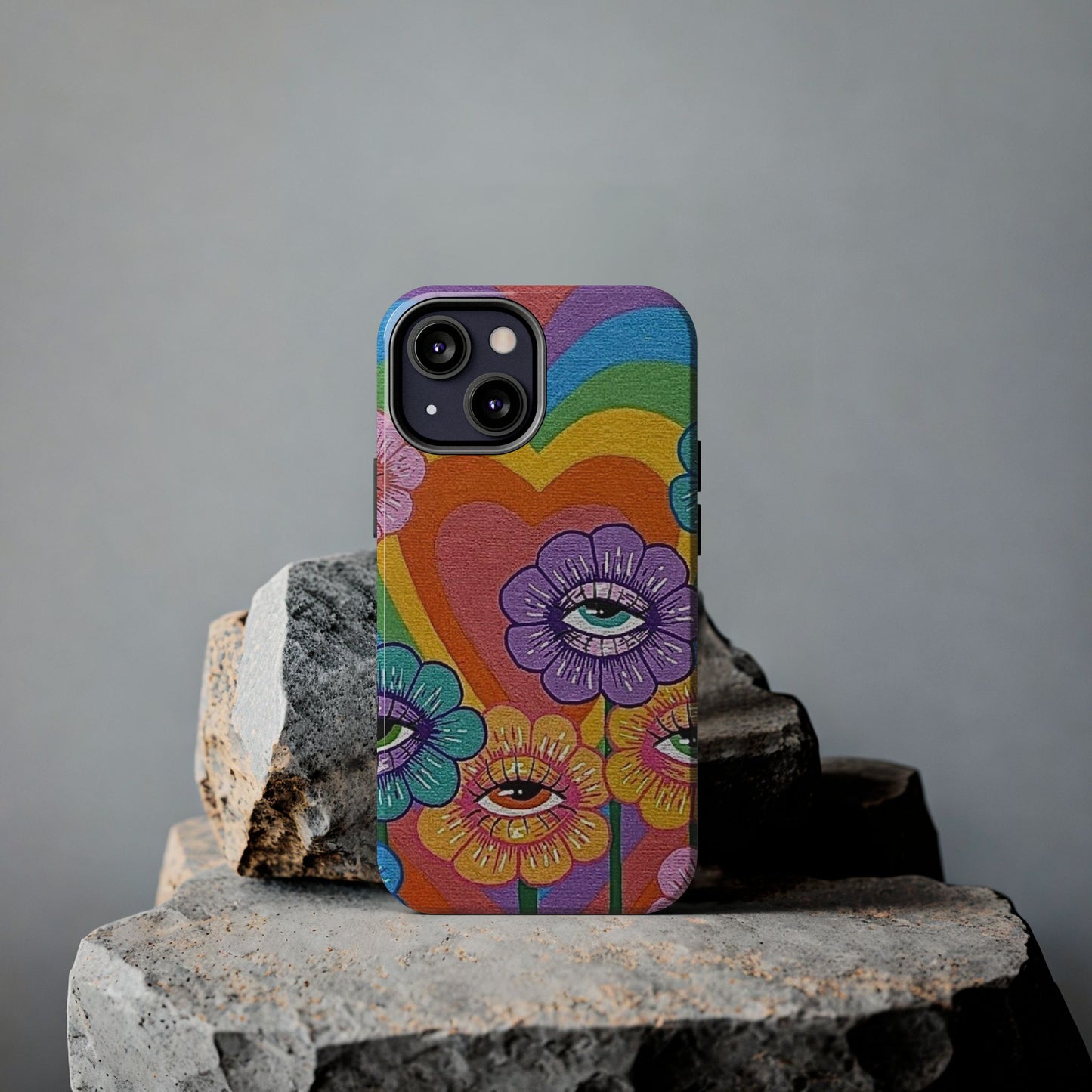 Psychedelic Eye Flower Tough Phone Case — Retro Rainbow Protective iPhone Cover
