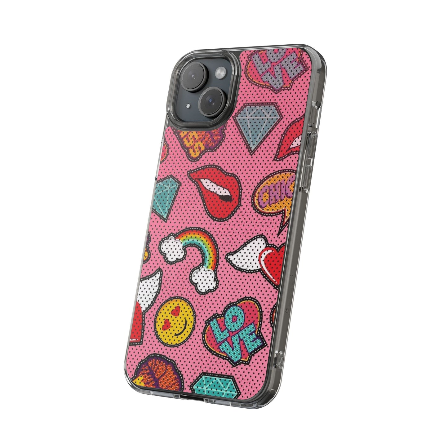 Clear Impact-Resistant Phone Case — Pink Pop Sticker Pattern (Hearts, Rainbows, Smileys)