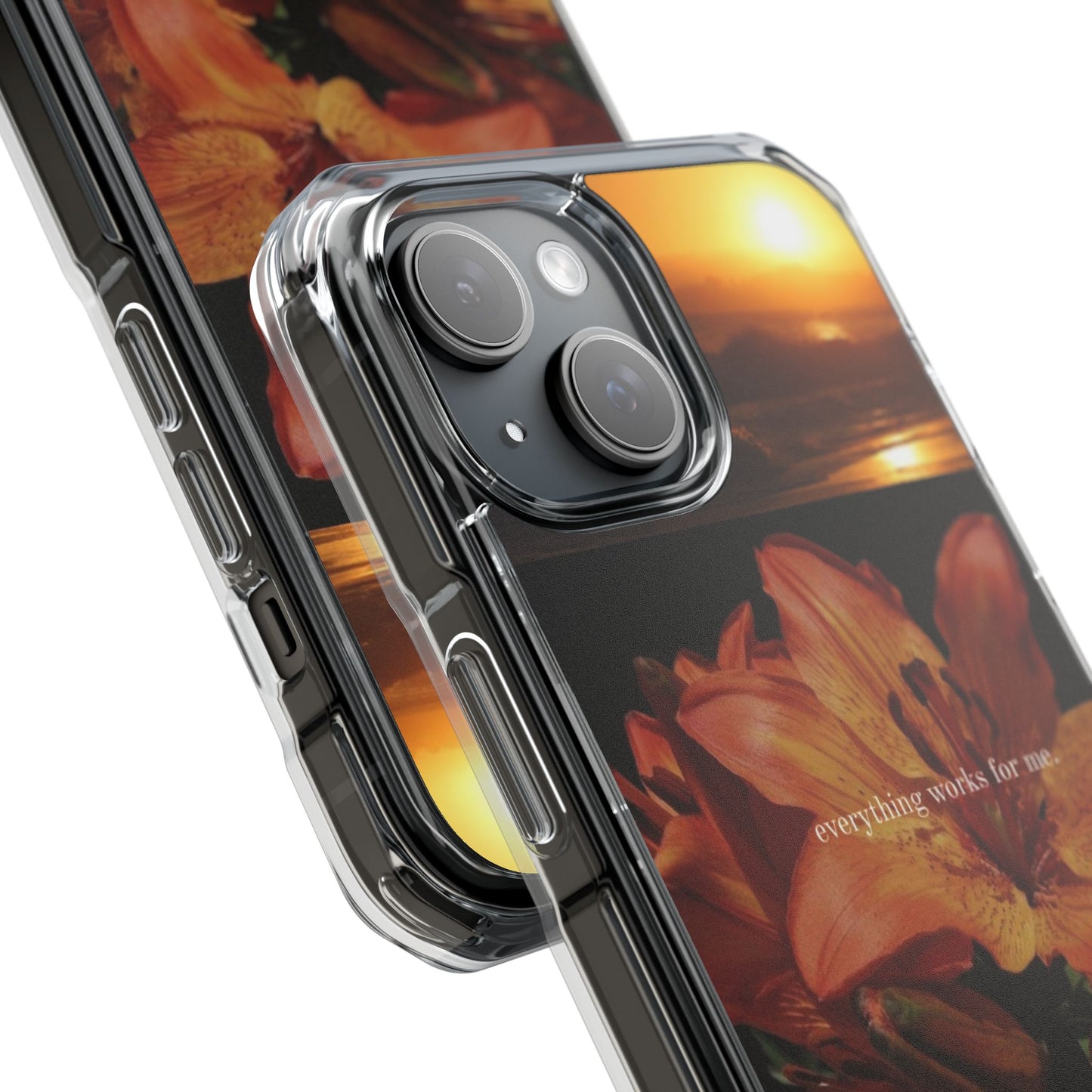 Clear Magnetic Phone Case — Sunset Lily Design ("anything waits for you")