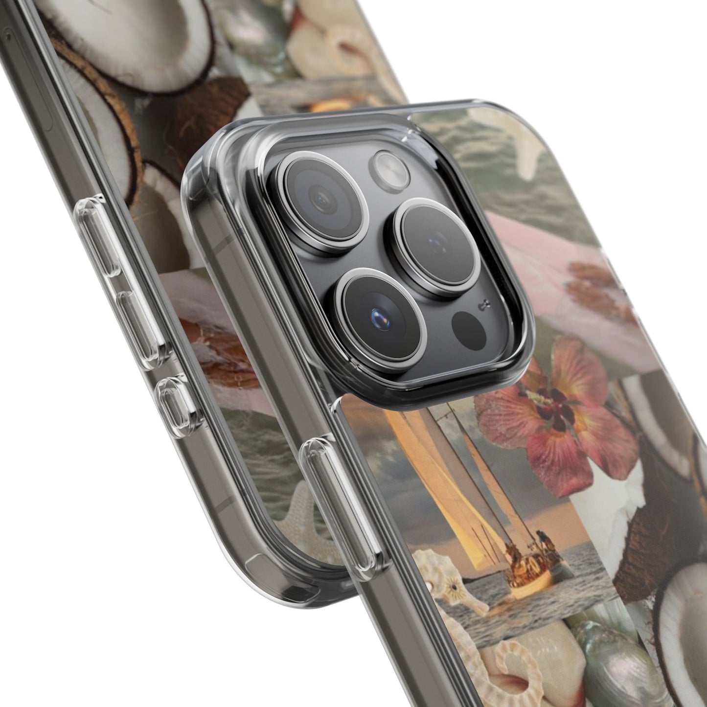 Clear Phone Case — Coastal Collage Shells & Surf Design