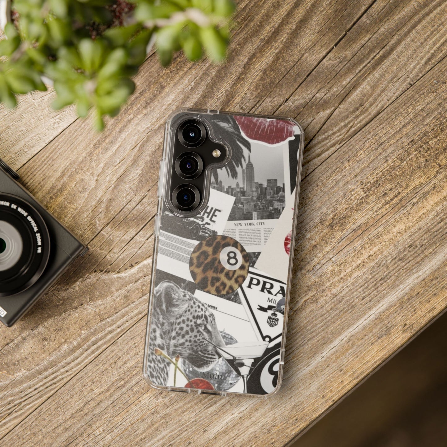 Clear Impact-Resistant Phone Case — Collage Luxury Leopard & Vintage Car Design