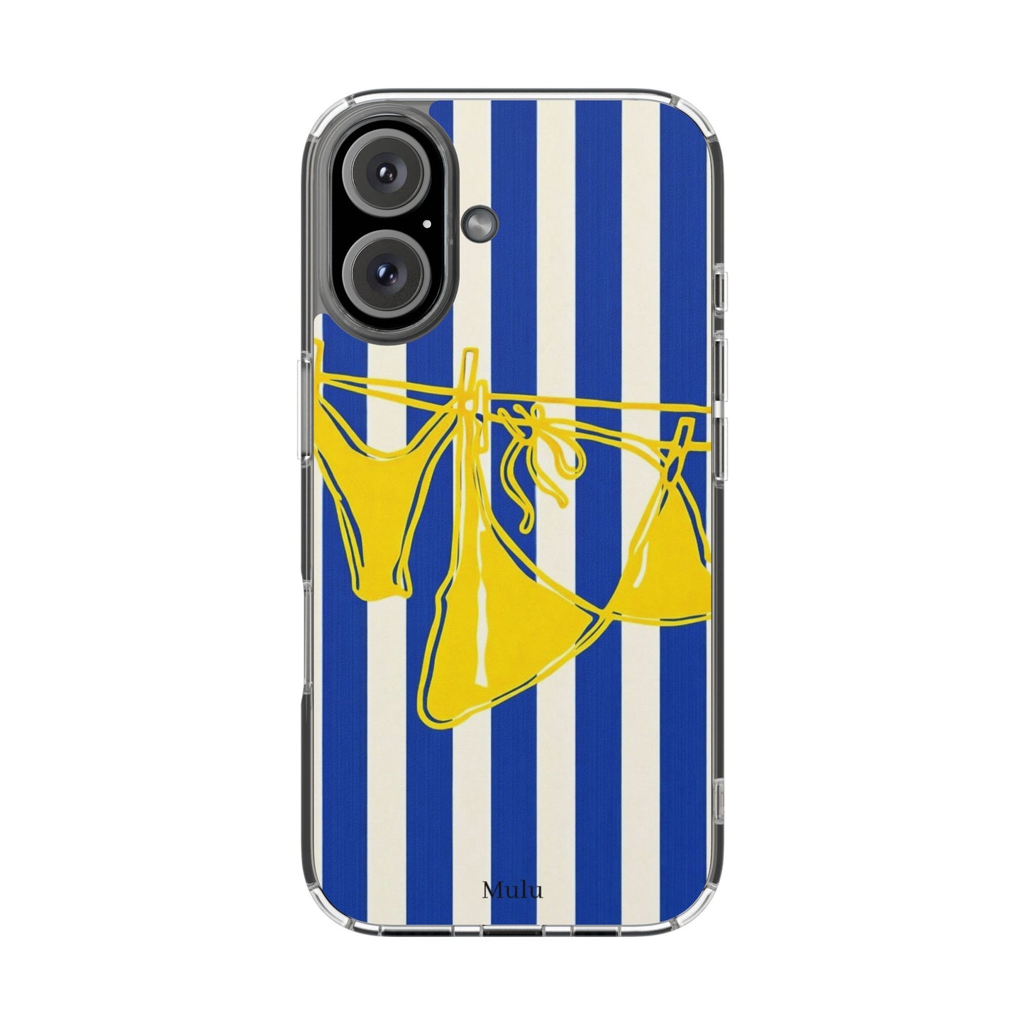 Striped Beach Bikini Phone Case — Yellow Swimwear on Blue & White Stripes, Clear Impact-Resistant