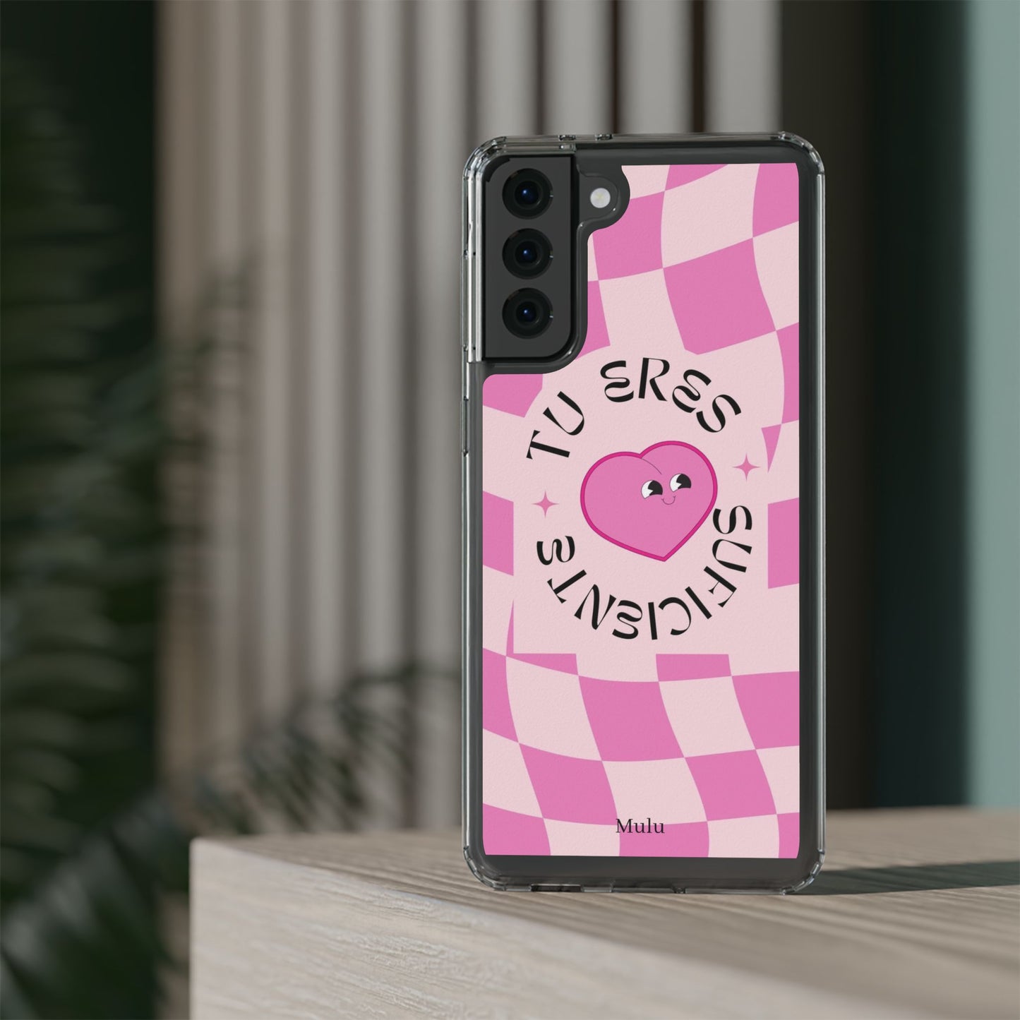 Clear Impact-Resistant Phone Case — Pink Checkerheart “Tu Eres Suficiente” Design