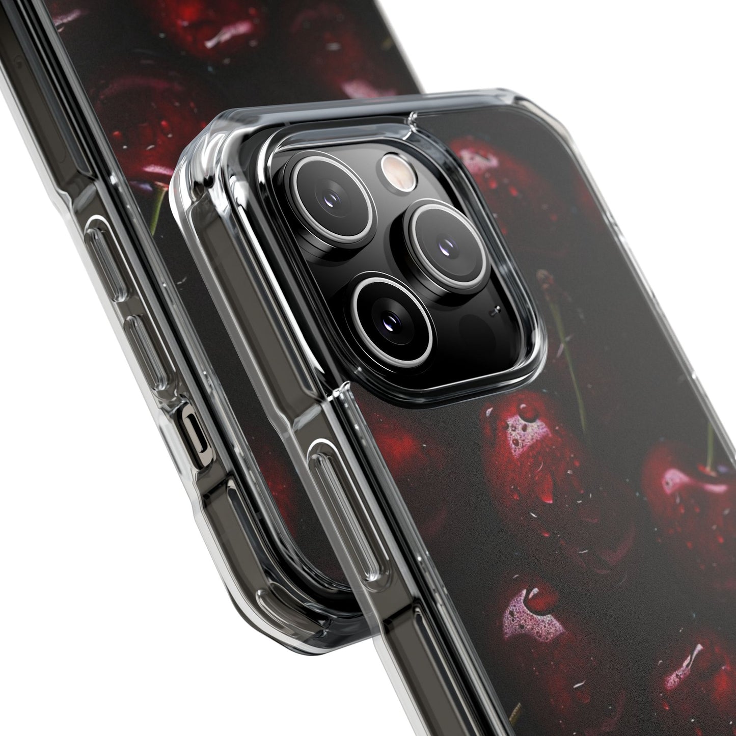 Cherry Pattern Clear Magnetic Phone Case — Dark Red Fruit Design