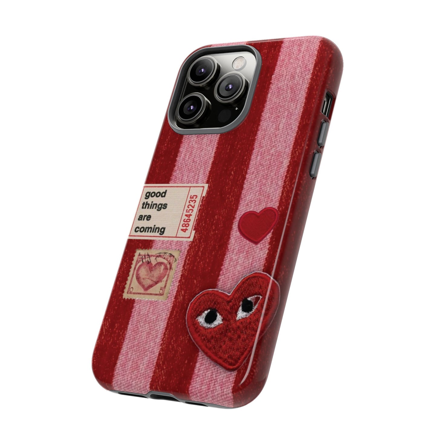 Phone Case — Red Striped Heart Design with “Good Things Are Coming”