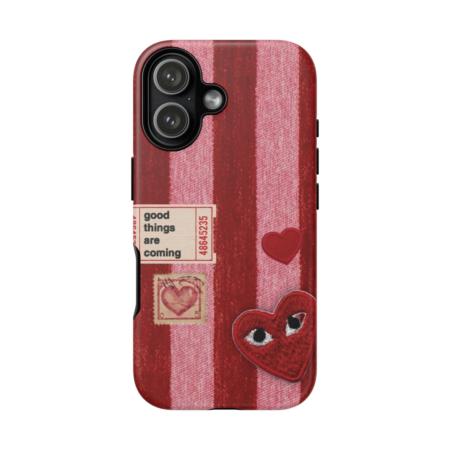 Phone Case — Red Striped Heart Design with “Good Things Are Coming”