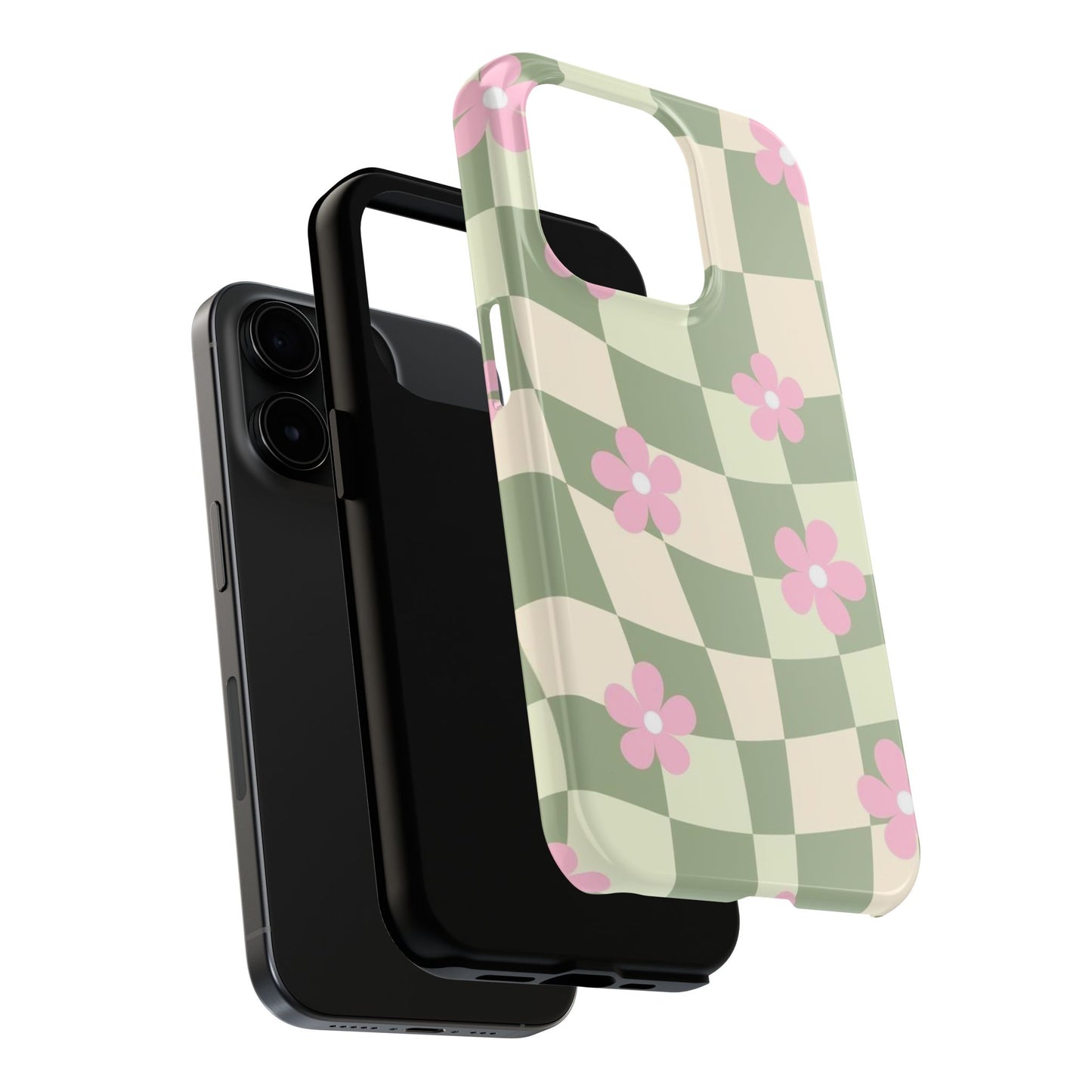 Tough Phone Case — Retro Green Checkerboard with Pink Flowers