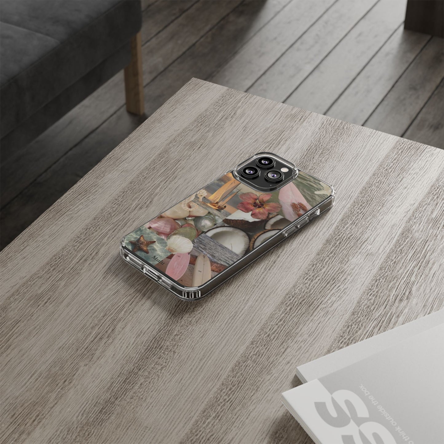 Clear Phone Case — Coastal Collage Shells & Surf Design