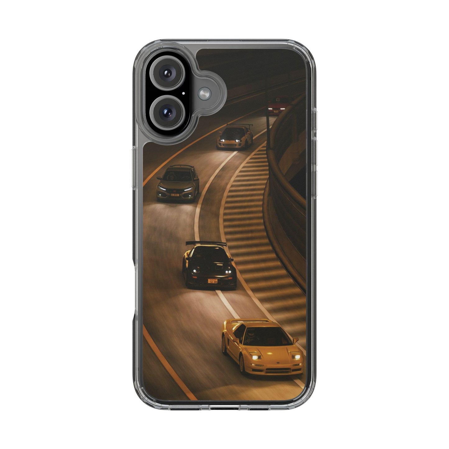 Racing Night Clear Phone Case – Sports Cars on Curved Highway