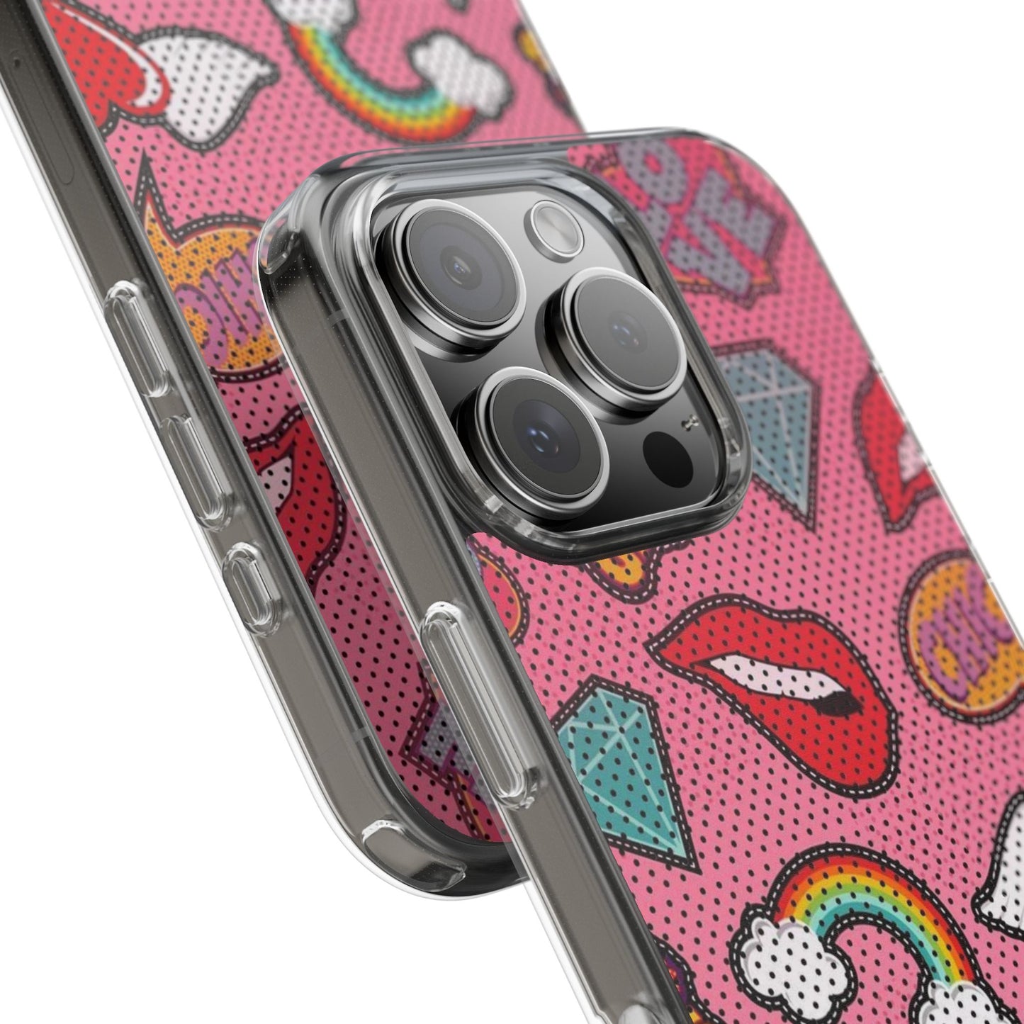 Clear Impact-Resistant Phone Case — Pink Pop Sticker Pattern (Hearts, Rainbows, Smileys)