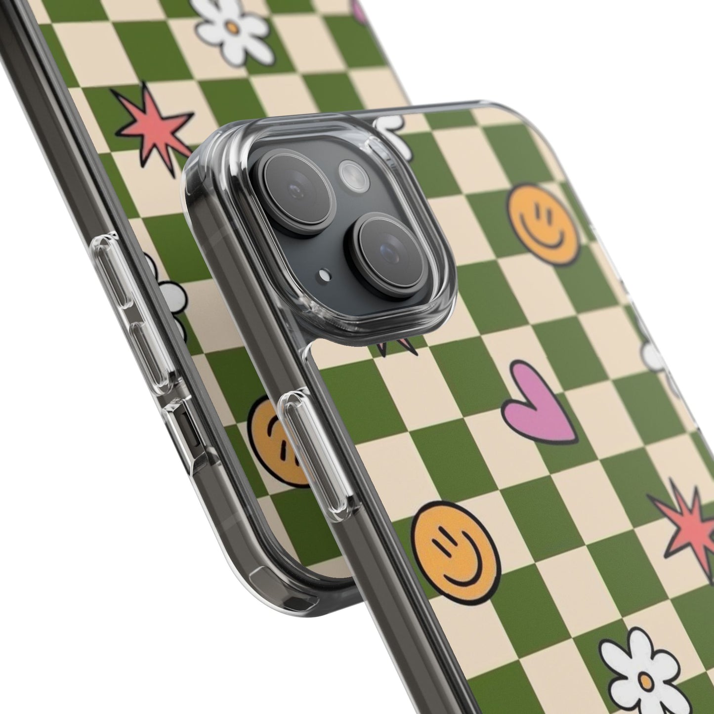 Clear Impact-Resistant Case — Retro Green Checkerboard with Smiley, Hearts & Flowers