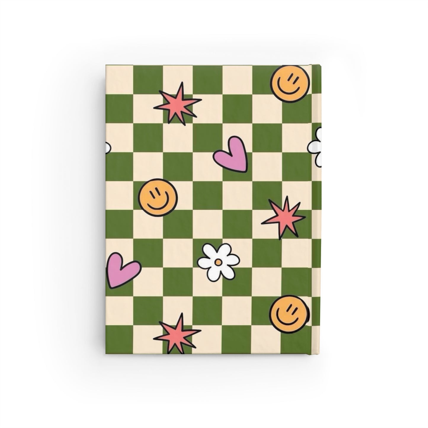 Checkerboard Doodles Ruled Journal — Green Plaid with Hearts, Smiley Faces & Flowers