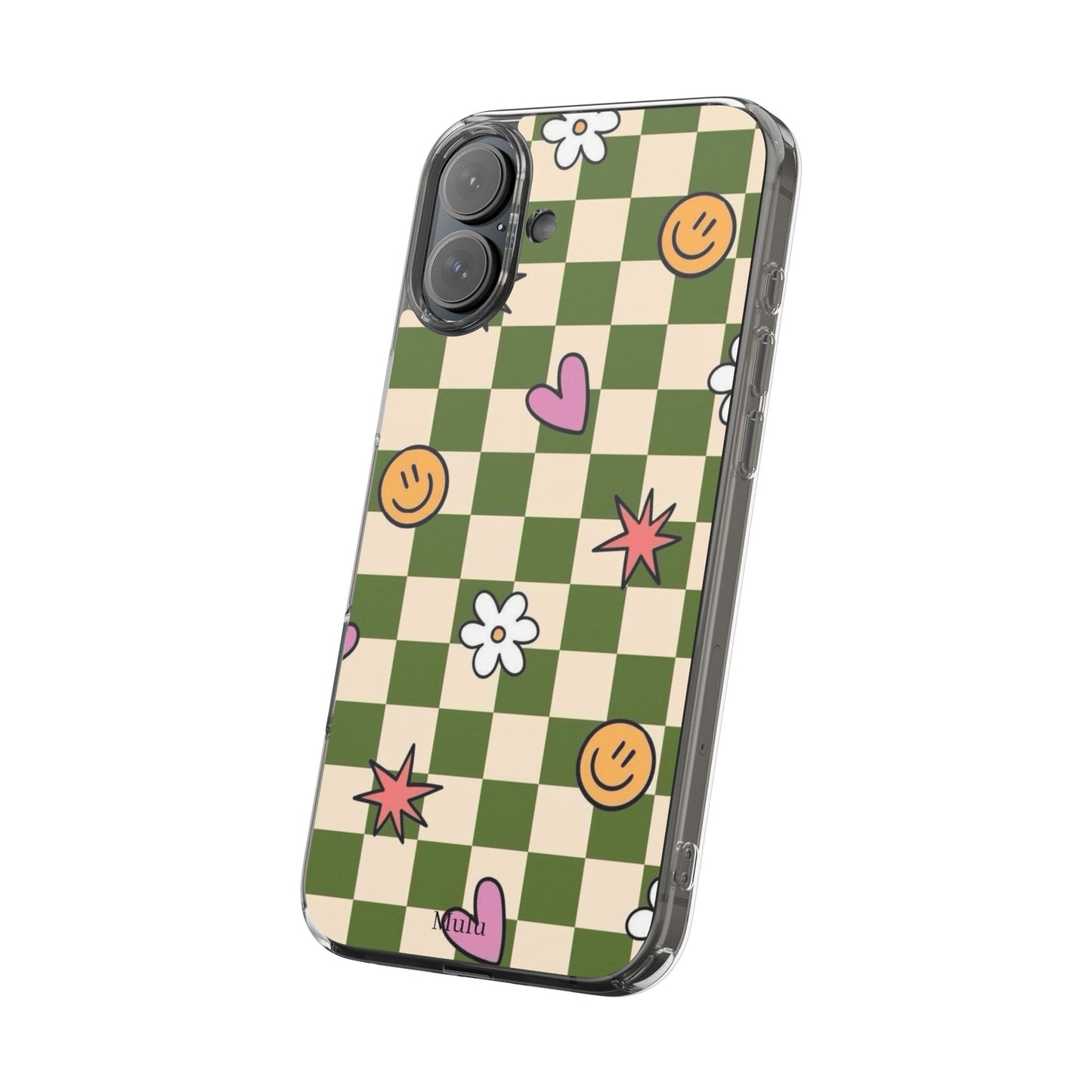 Clear Impact-Resistant Case — Retro Green Checkerboard with Smiley, Hearts & Flowers
