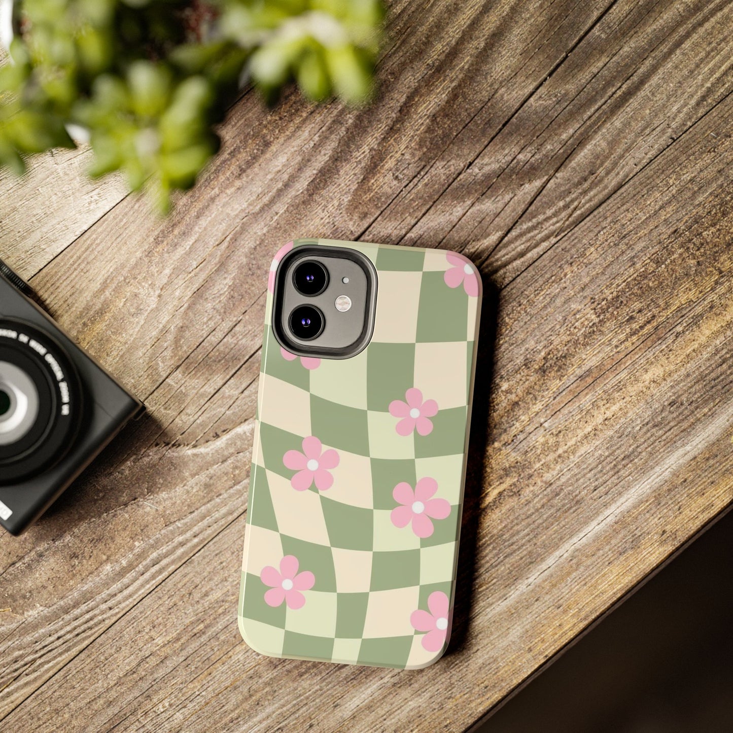 Tough Phone Case — Retro Green Checkerboard with Pink Flowers