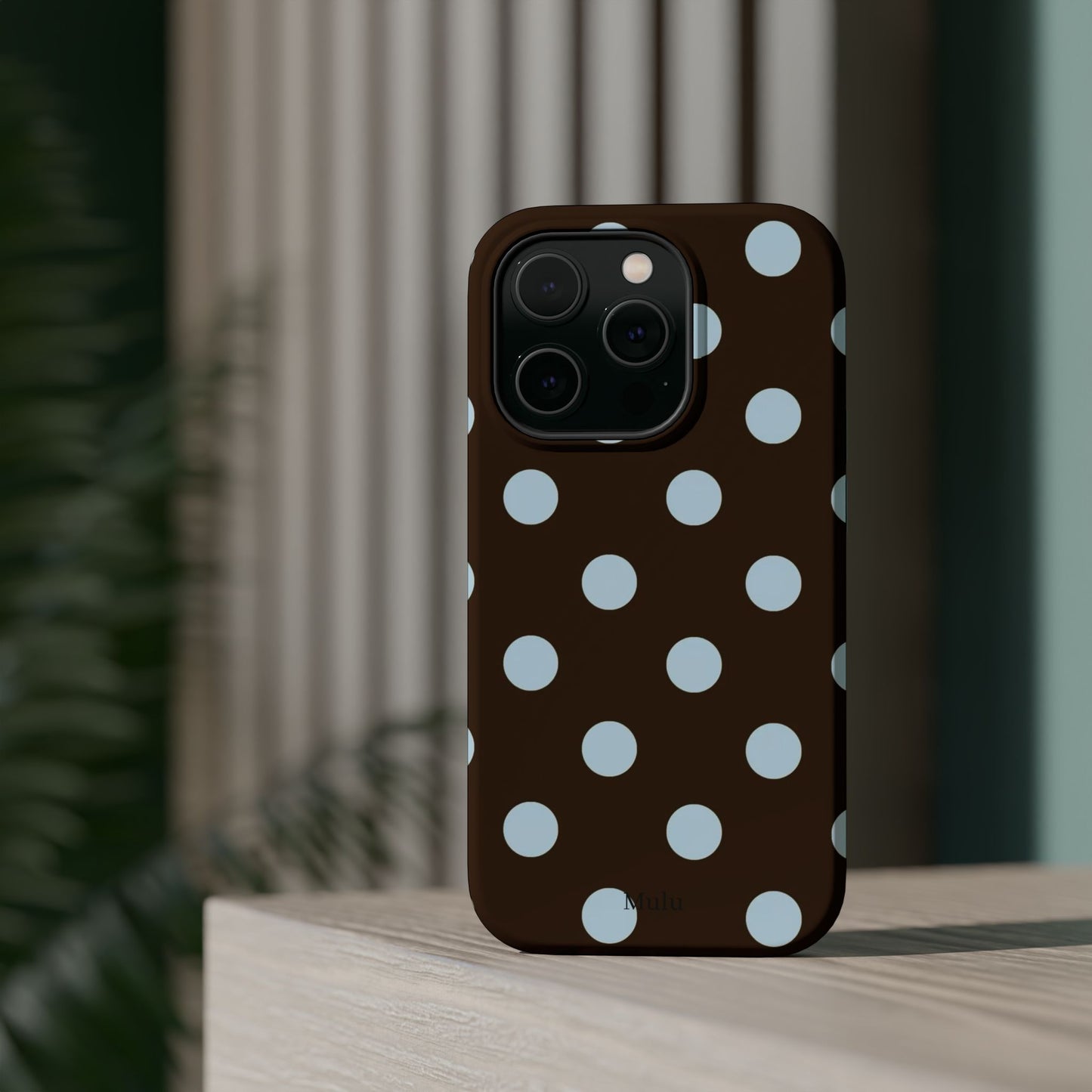 Polka Dot Magnetic Phone Case — Brown with Light Blue Dots, Impact-Resistant