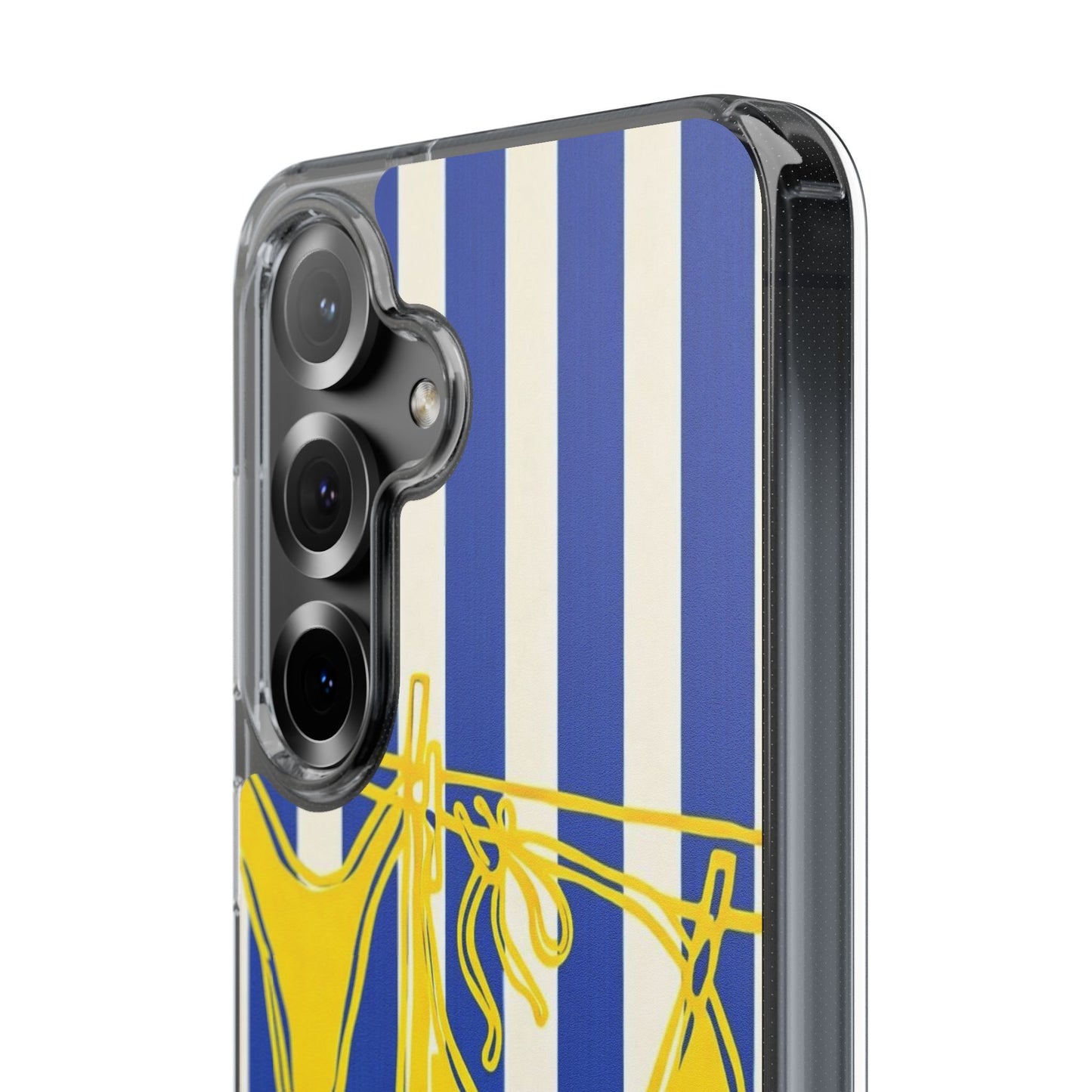 Striped Beach Bikini Phone Case — Yellow Swimwear on Blue & White Stripes, Clear Impact-Resistant