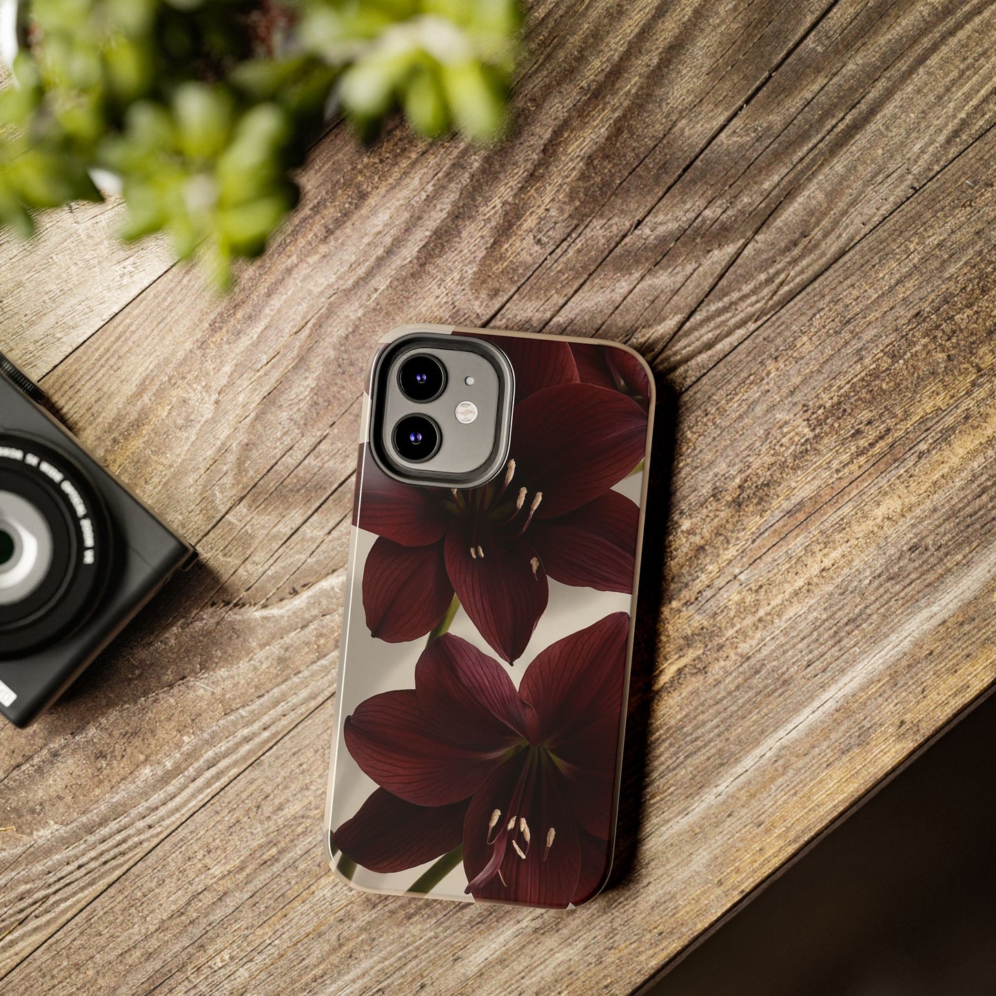Amaryllis Noir Tough Phone Case — Dark Burgundy Floral Protective Cover