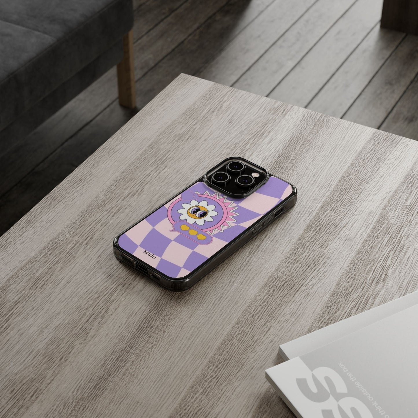 Clear Impact-Resistant Case — Cute Purple Checkerboard Dino with 'Mulu'