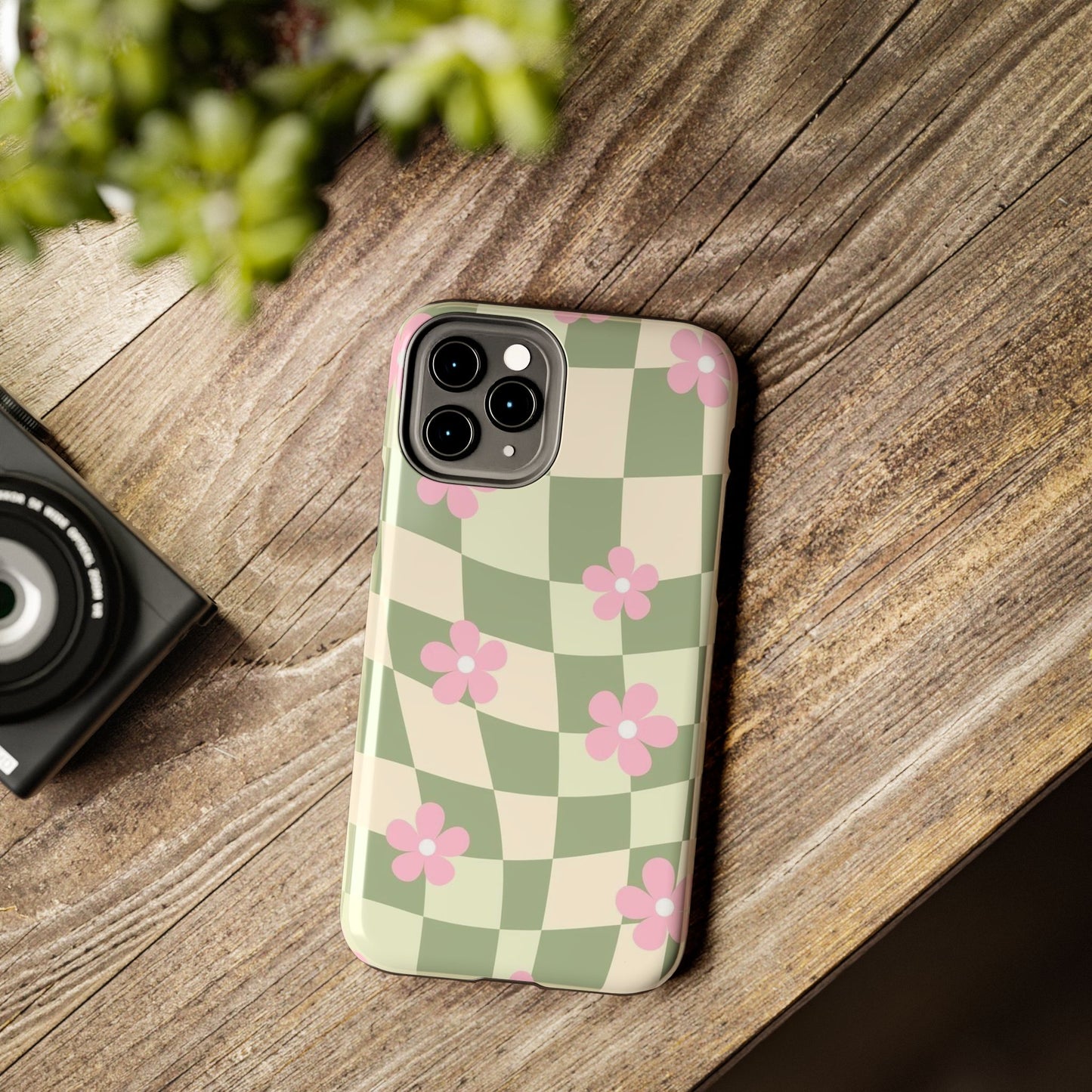 Tough Phone Case — Retro Green Checkerboard with Pink Flowers