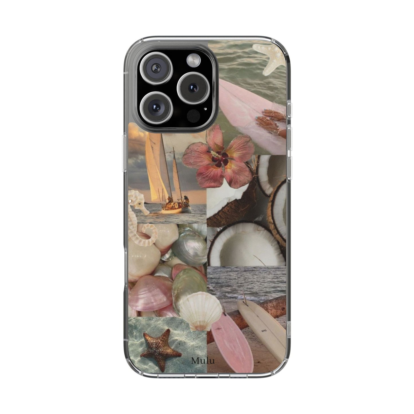 Clear Phone Case — Coastal Collage Shells & Surf Design