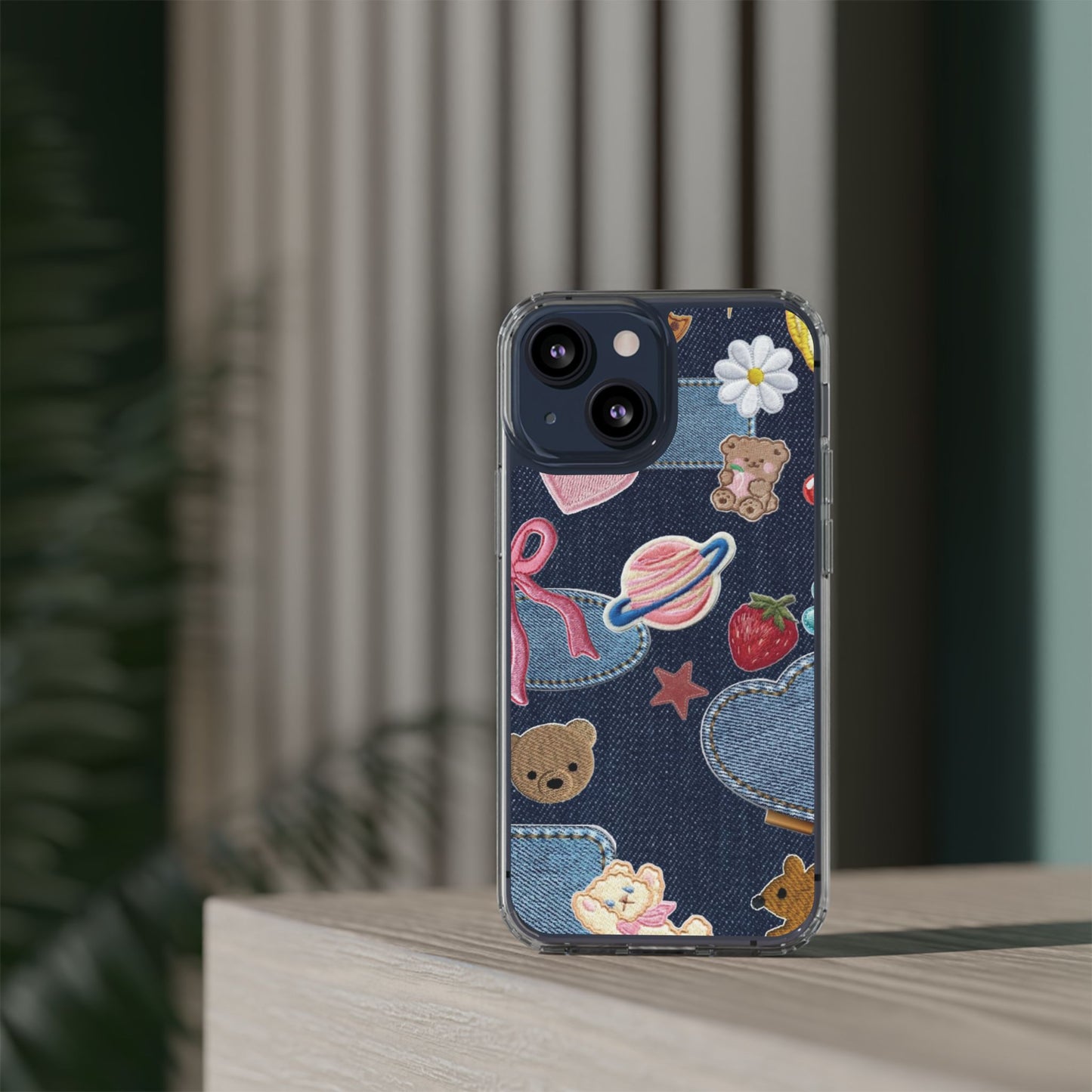 Clear Impact-Resistant Phone Case — Cute Denim Patch Collage (Teddy, Strawberry, Planet)