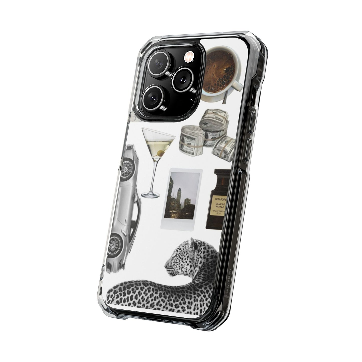 Clear Impact Phone Case — Luxe Collage (Leopard, Martini, Coffee & Vintage Car)