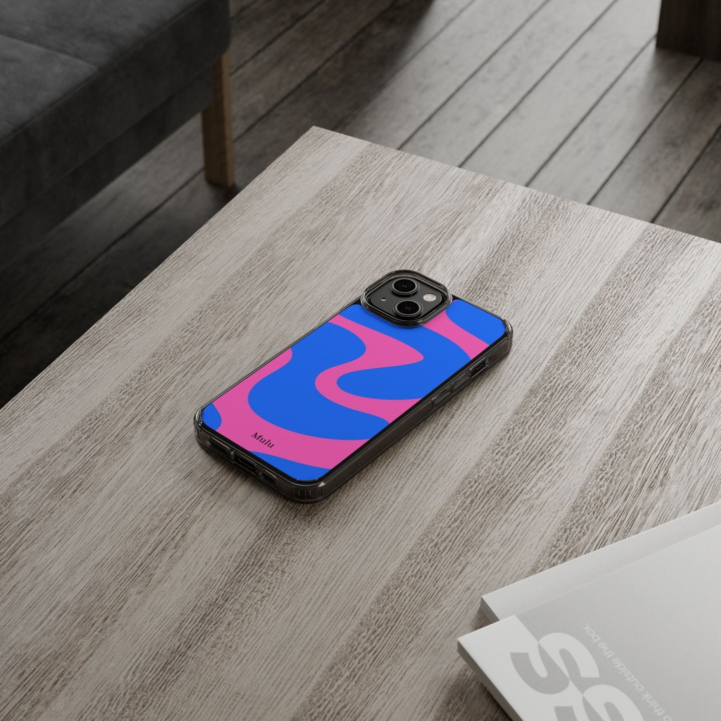 Clear Impact-Resistant Phone Case — Retro Blue & Pink Abstract Swirl