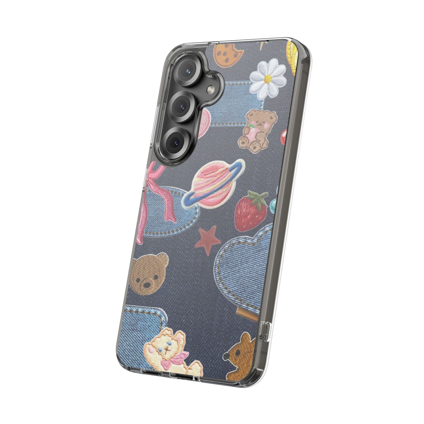 Clear Impact-Resistant Phone Case — Cute Denim Patch Collage (Teddy, Strawberry, Planet)