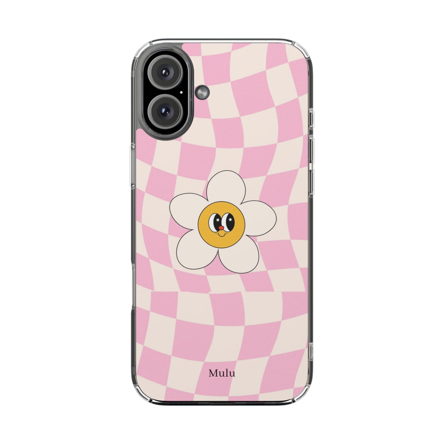 Clear Impact-Resistant Phone Case — Pink Checkerboard Daisy Design