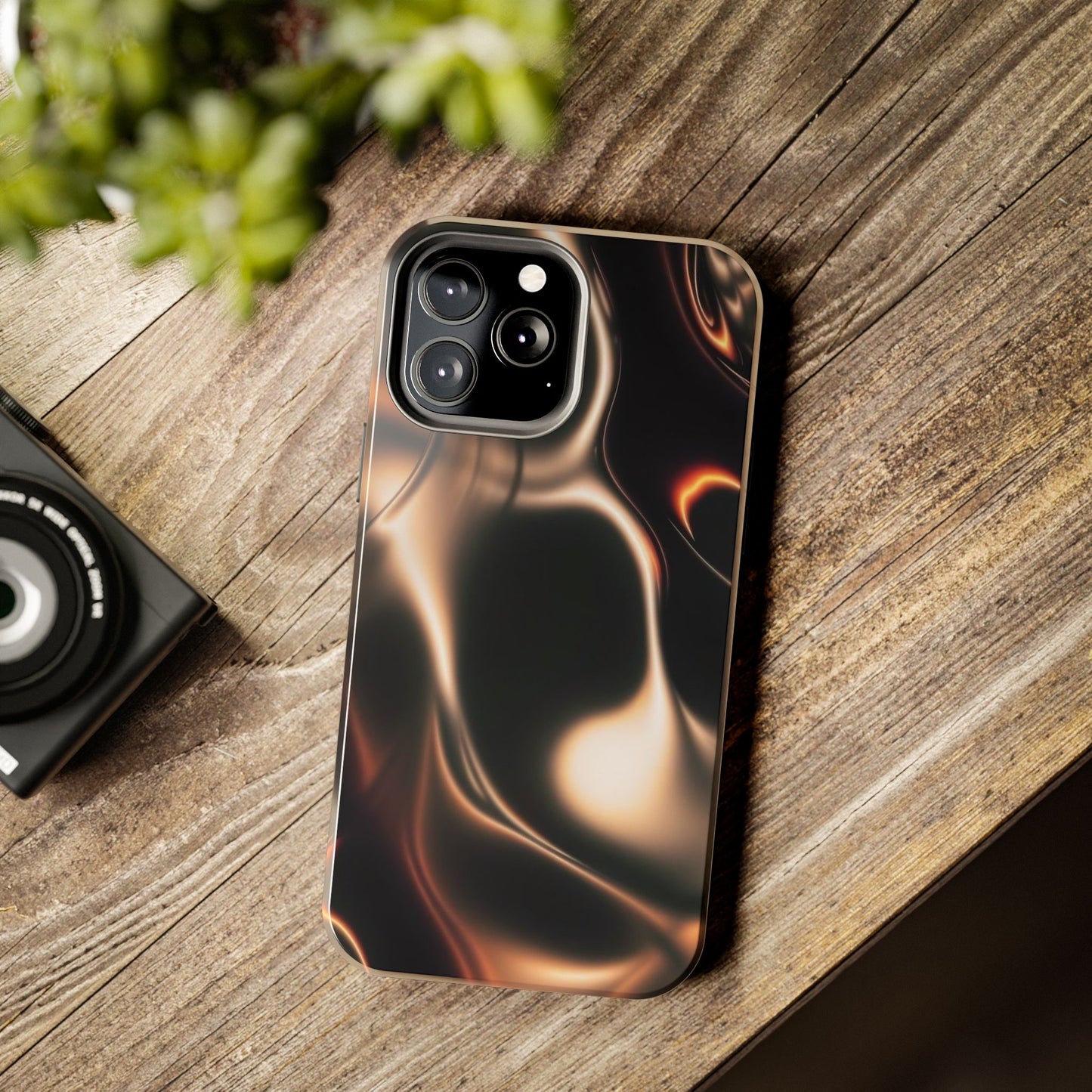 Abstract Liquid Glow Tough Phone Case — Black & Bronze Swirl Protective Cover
