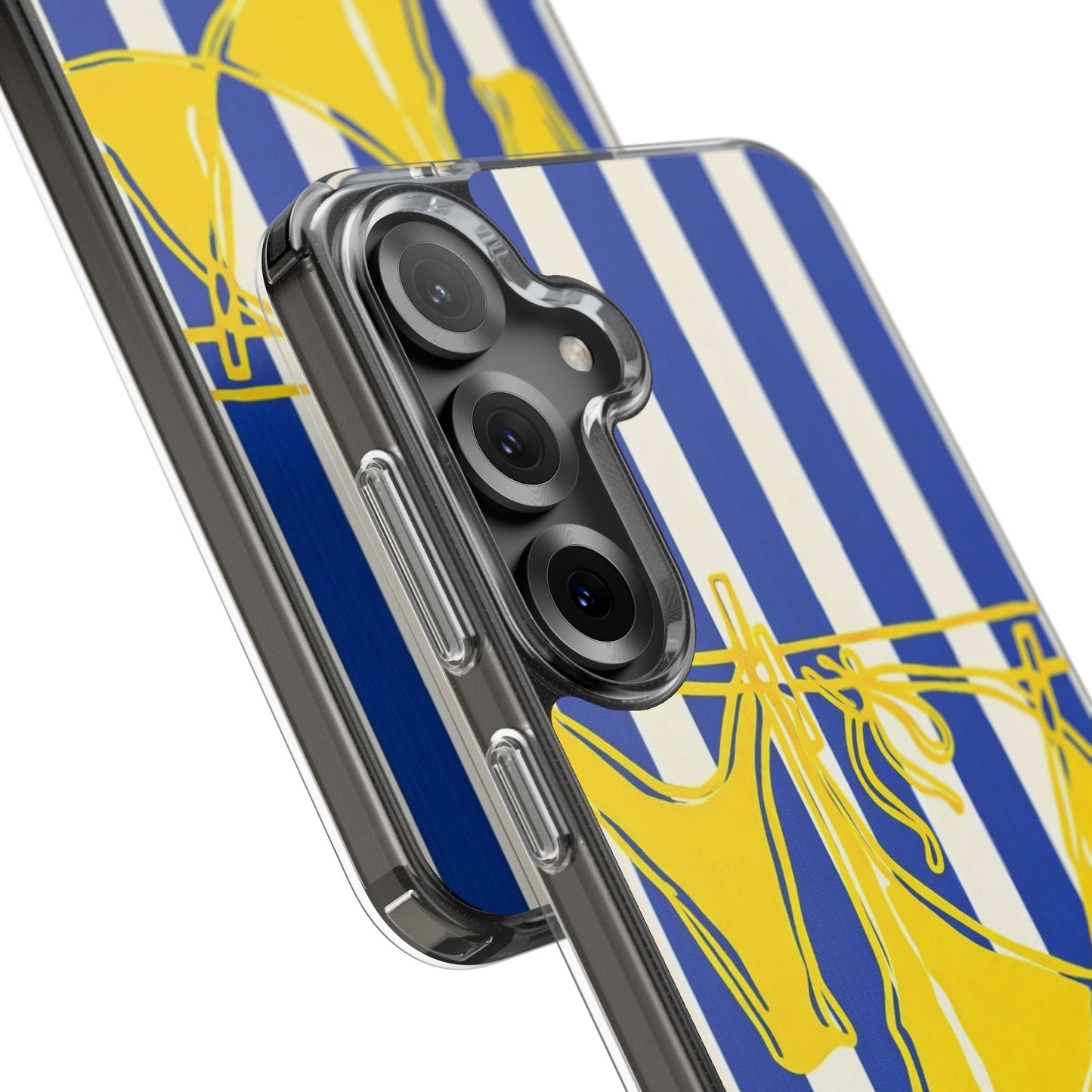 Striped Beach Bikini Phone Case — Yellow Swimwear on Blue & White Stripes, Clear Impact-Resistant