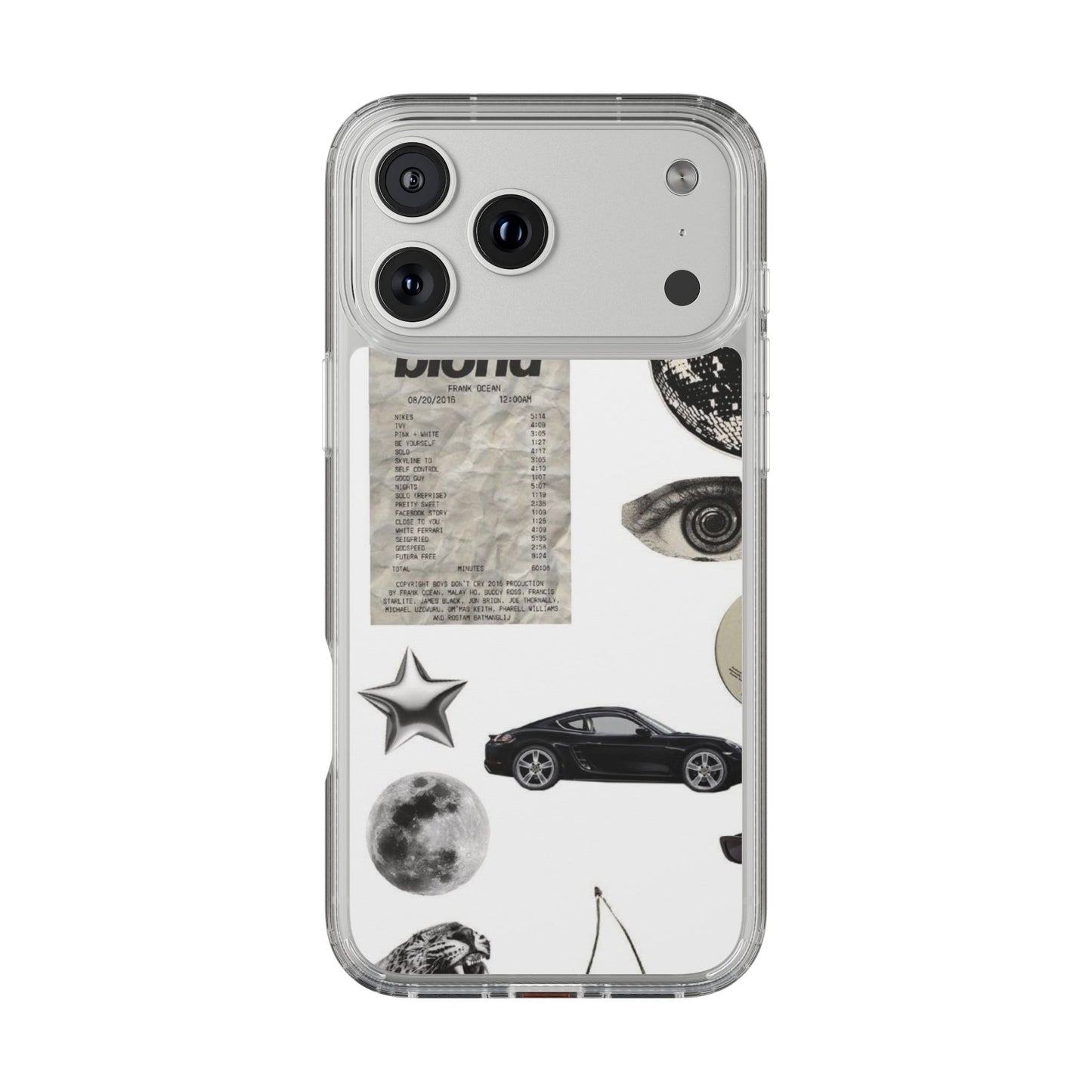 Clear Phone Case — Vintage Collage Stickers (Moon, Eye, Car, Cherries)