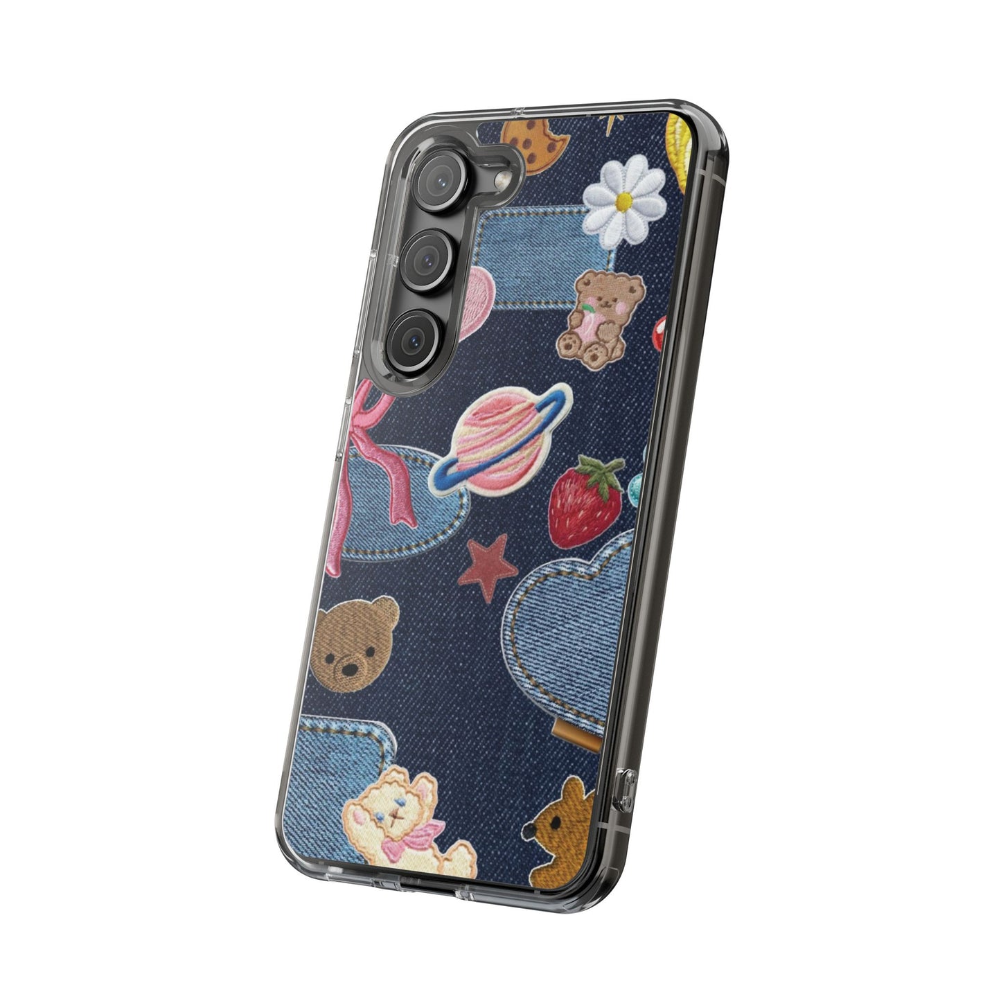 Clear Impact-Resistant Phone Case — Cute Denim Patch Collage (Teddy, Strawberry, Planet)