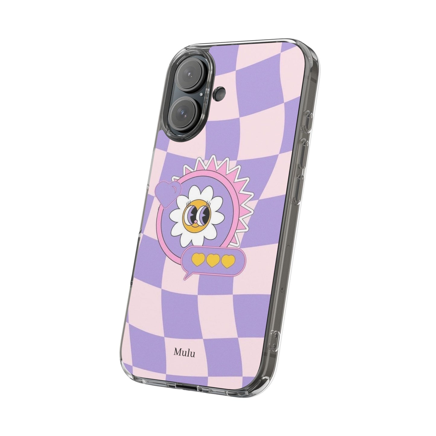 Clear Impact-Resistant Case — Cute Purple Checkerboard Dino with 'Mulu'