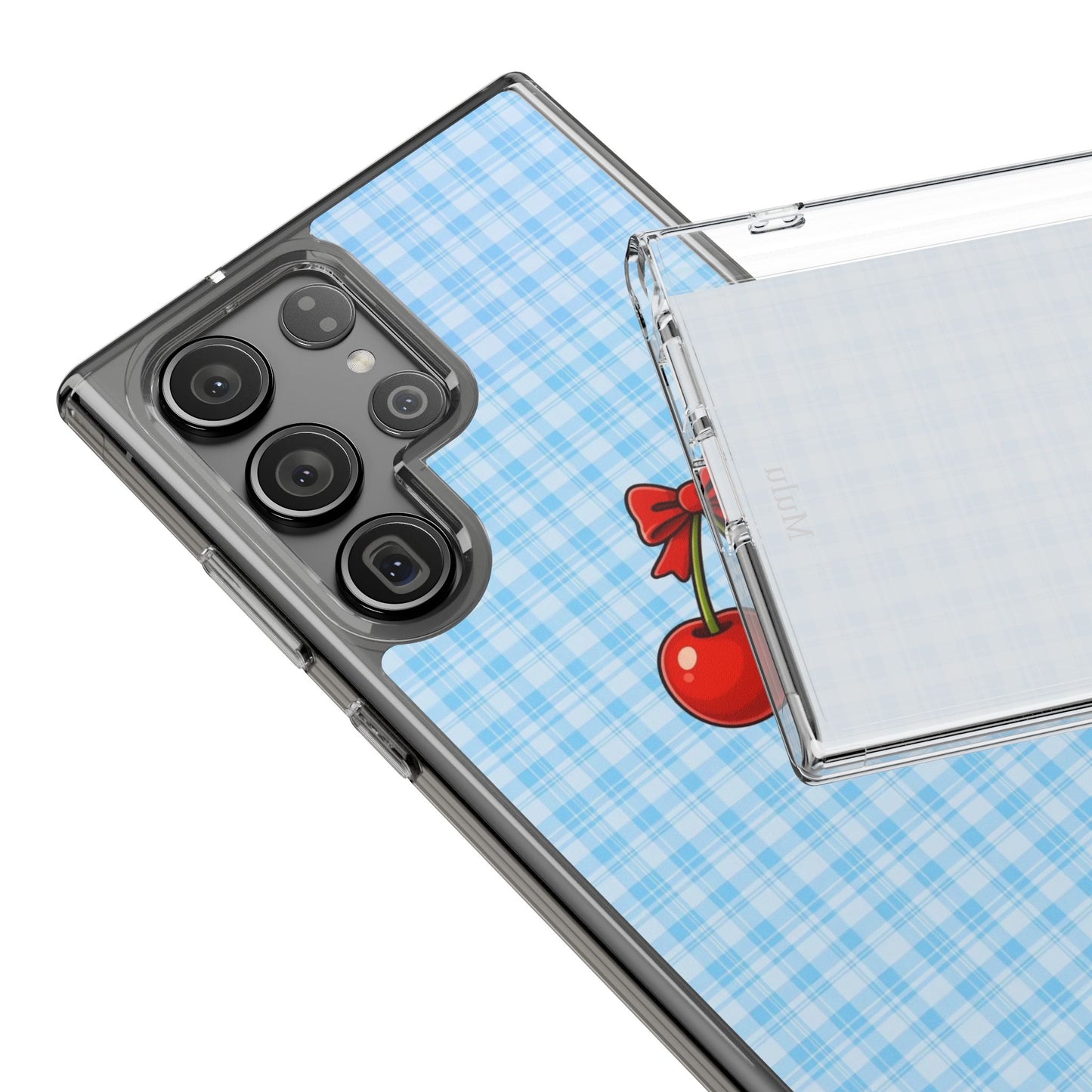 Clear Cherry Gingham Phone Case — Impact-Resistant Clear Case with Red Cherry Design