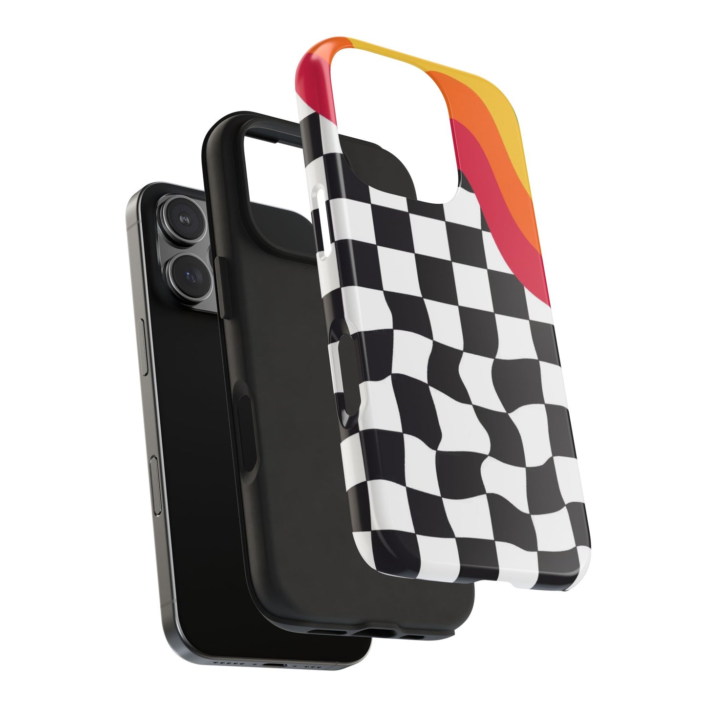 Retro Wavy Checkerboard Tough Phone Case — Rainbow Surf Skate Design