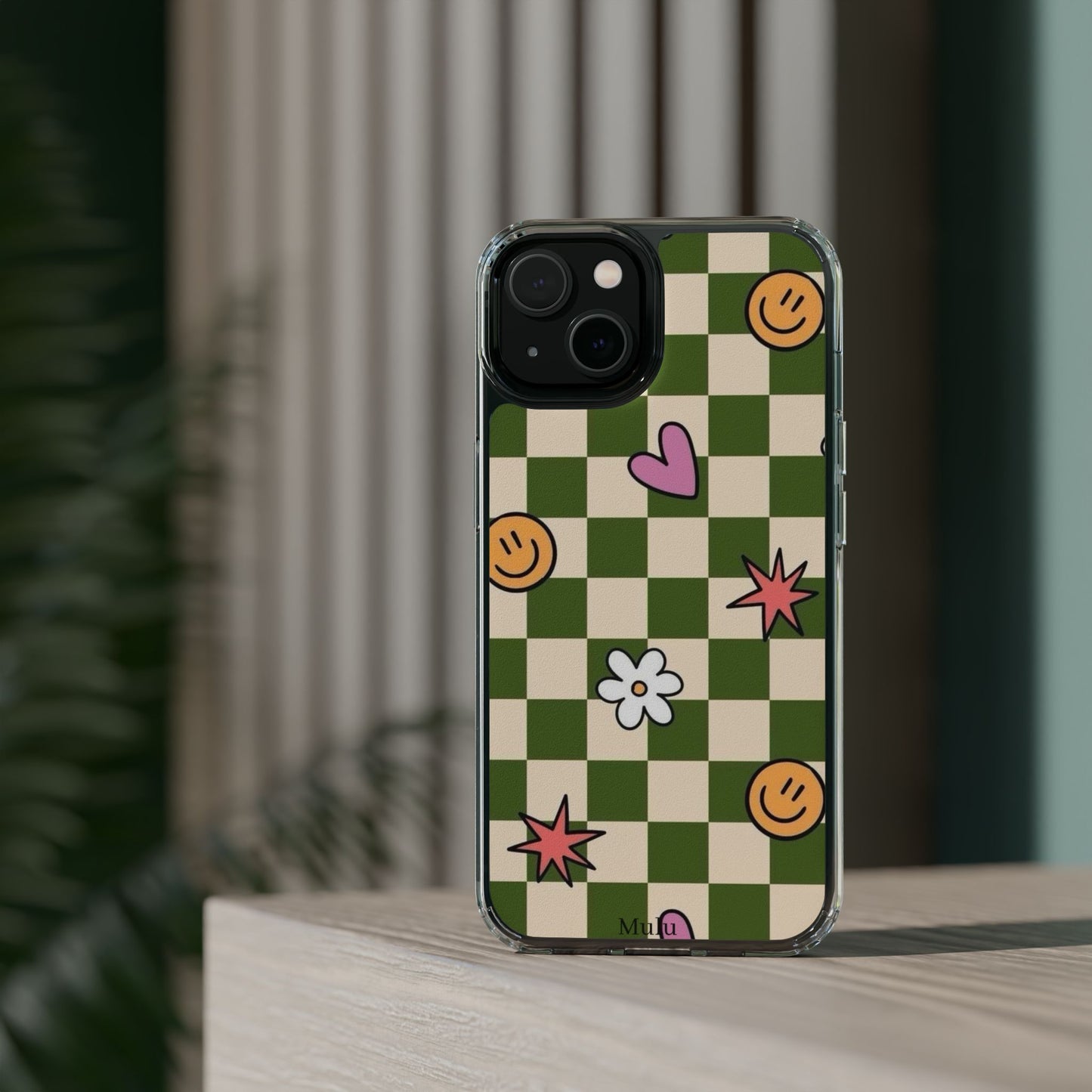 Clear Impact-Resistant Case — Retro Green Checkerboard with Smiley, Hearts & Flowers