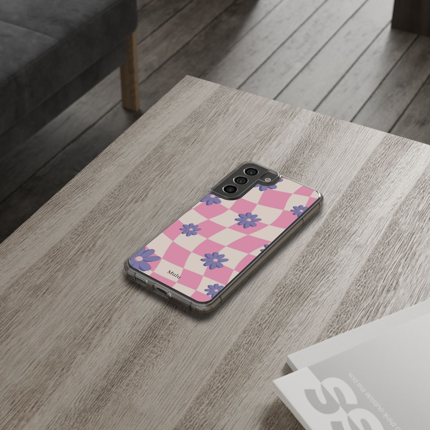 Clear Impact Phone Case — Pink Checkerboard with Purple Flowers