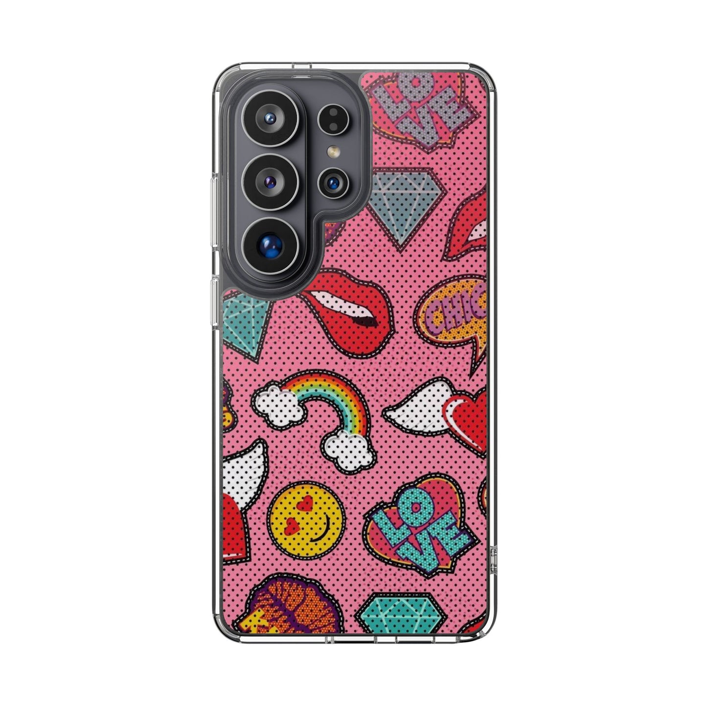 Clear Impact-Resistant Phone Case — Pink Pop Sticker Pattern (Hearts, Rainbows, Smileys)