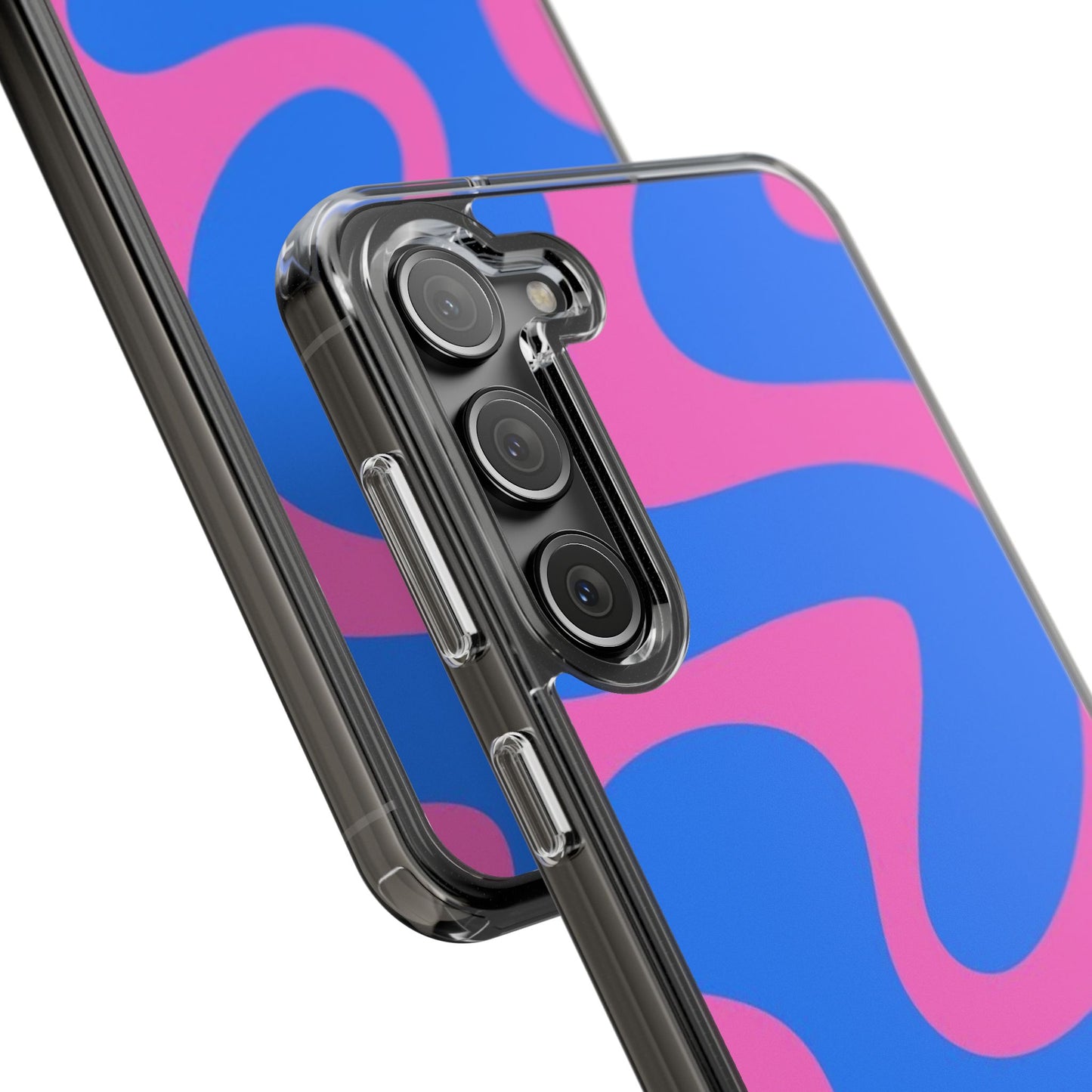 Clear Impact-Resistant Phone Case — Retro Blue & Pink Abstract Swirl
