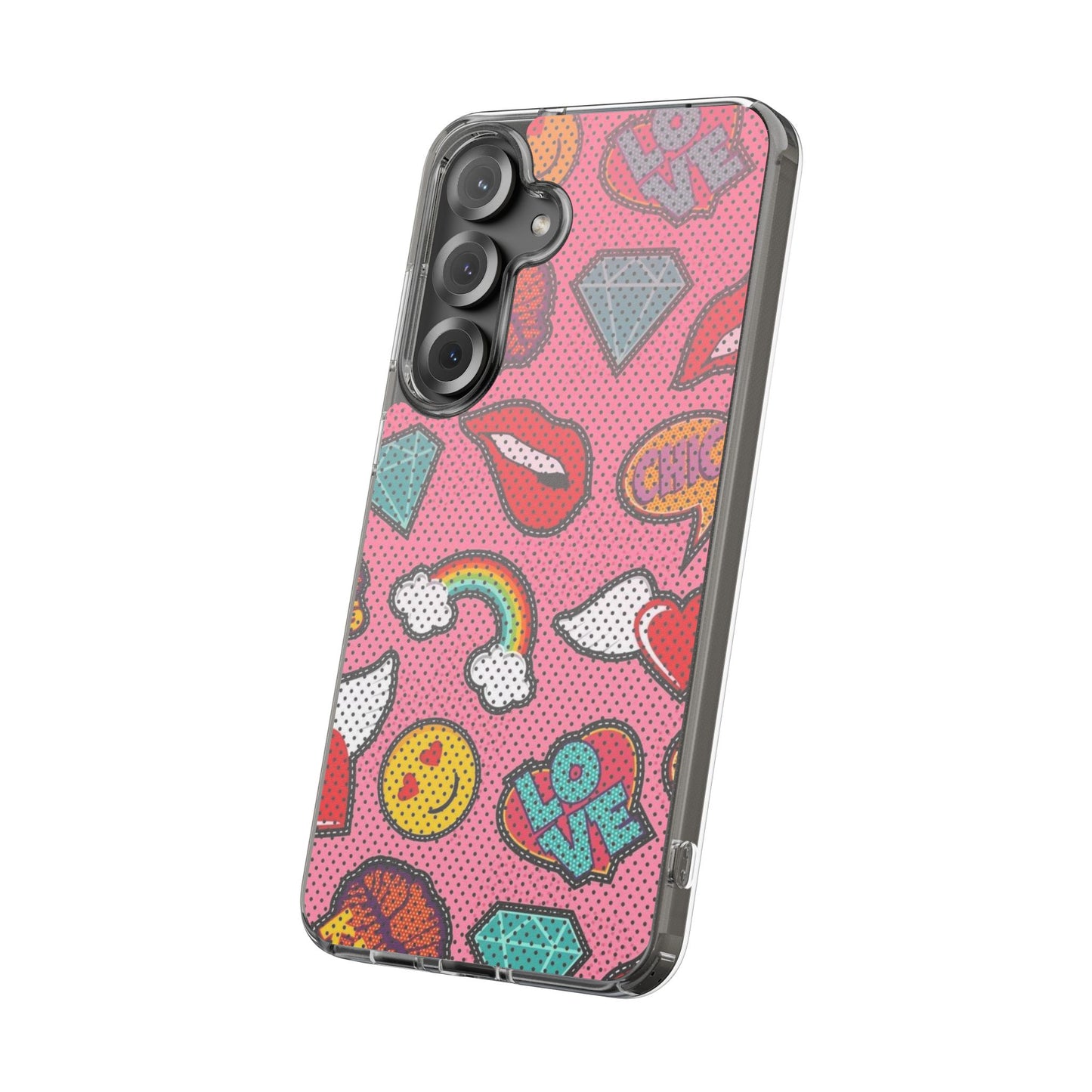 Clear Impact-Resistant Phone Case — Pink Pop Sticker Pattern (Hearts, Rainbows, Smileys)