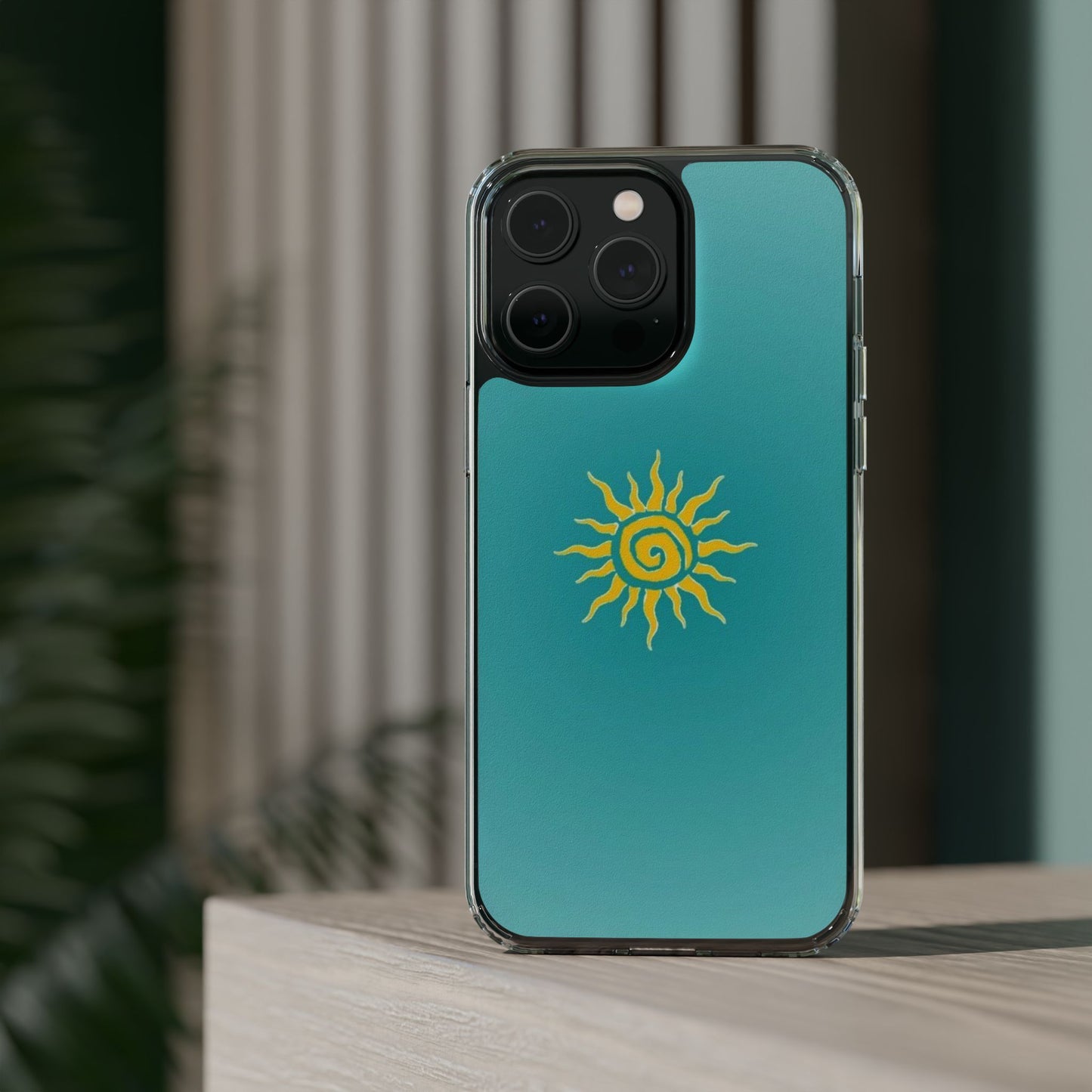 Clear Impact-Resistant Phone Case — Yellow Sun on Teal Gradient