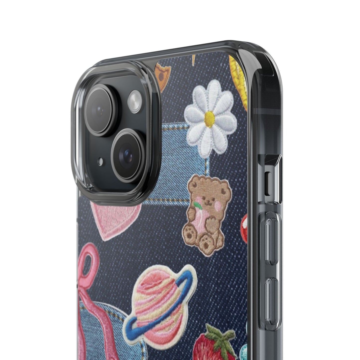Clear Impact-Resistant Phone Case — Cute Denim Patch Collage (Teddy, Strawberry, Planet)